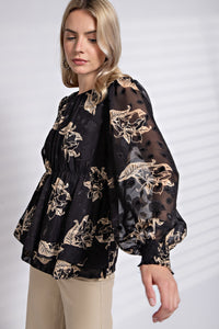 Easel Floral Print Jacquard Chiffon Top in Black Shirts & Tops Easel   