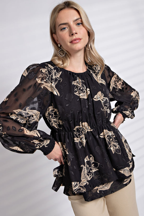 Easel Floral Print Jacquard Chiffon Top in Black Shirts & Tops Easel   