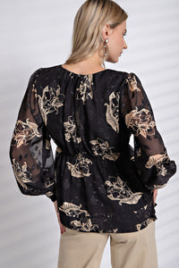 Easel Floral Print Jacquard Chiffon Top in Black Shirts & Tops Easel   