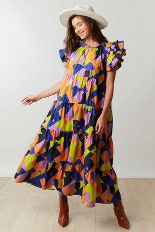 Peach Love Abstract Print Ruffled Poplin Maxi Dress in Blue/Yellow Dresses Peach Love California   