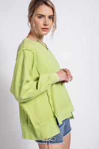 Easel Mineral Washed Pullover Top in Lime Green Shirts & Tops Easel   