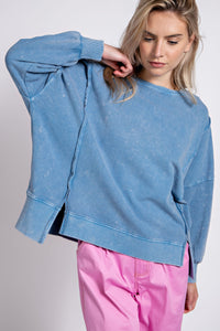Easel Mineral Washed Pullover Top in Washed Blue Shirts & Tops Easel   