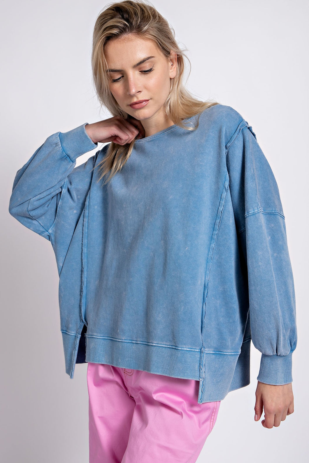 Easel Mineral Washed Pullover Top in Washed Blue Shirts & Tops Easel   