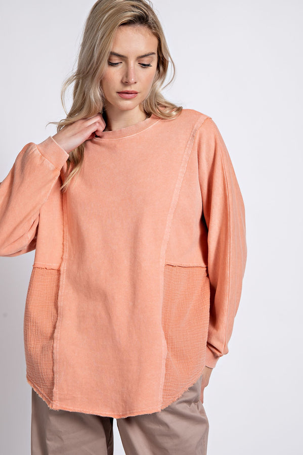 Easel Mineral Washed Tunic Top in Coral Cream ON ORDER Shirts & Tops Easel   