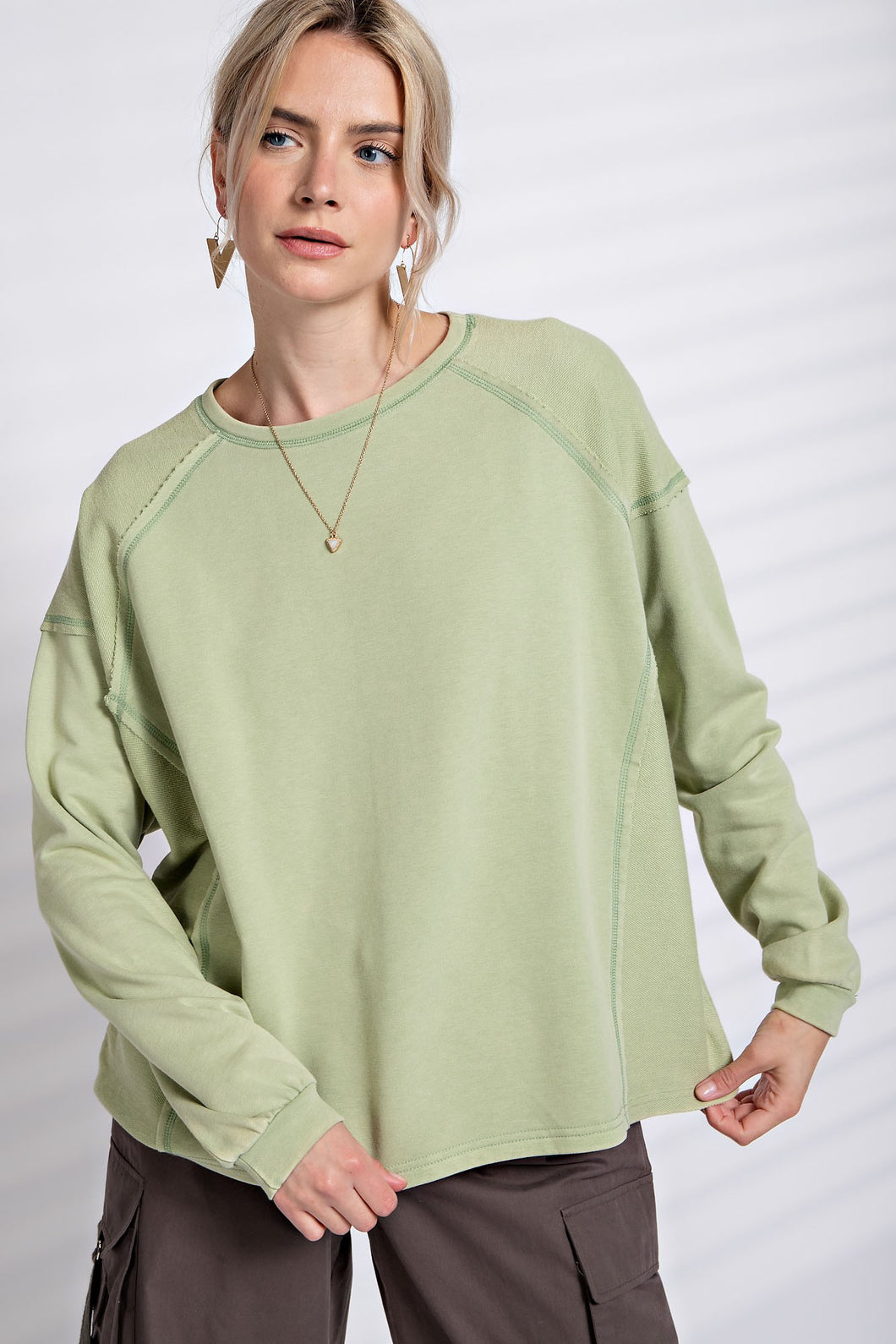 Easel Inside Out Terry Knit Top in Faded Sage Shirts & Tops Easel   