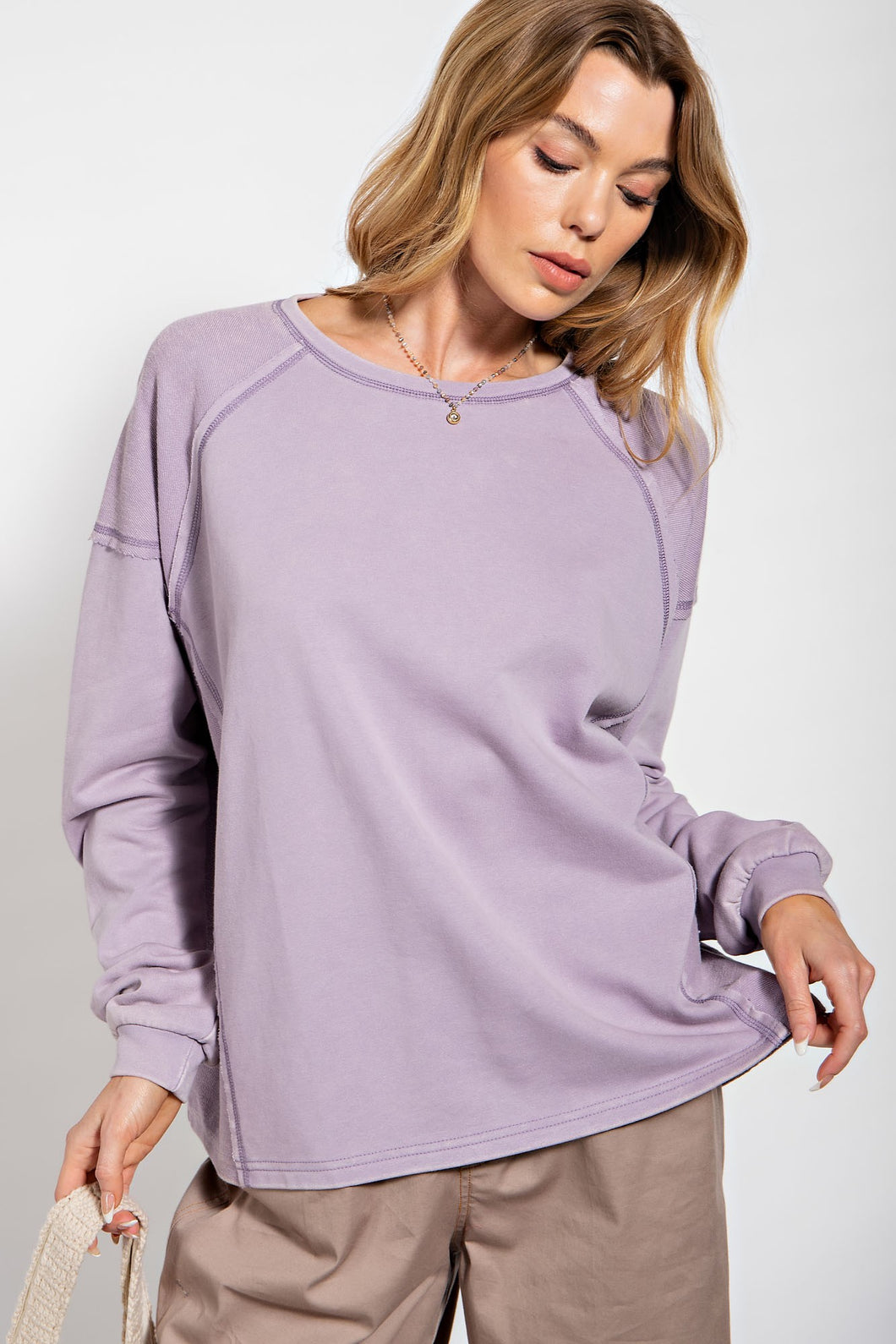 Easel Inside Out Terry Knit Top in Dusty Lilac Shirts & Tops Easel   