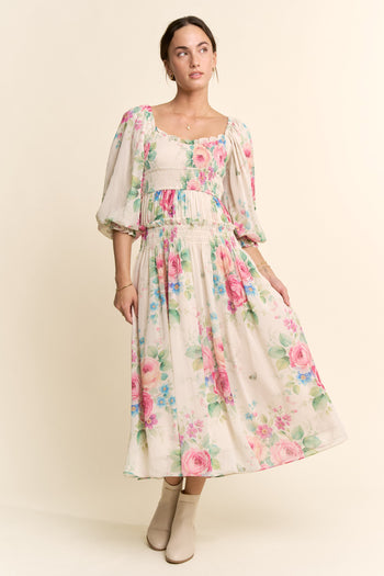 Davi & Dani Flower Printed Chiffon Midi Dress in Taupe