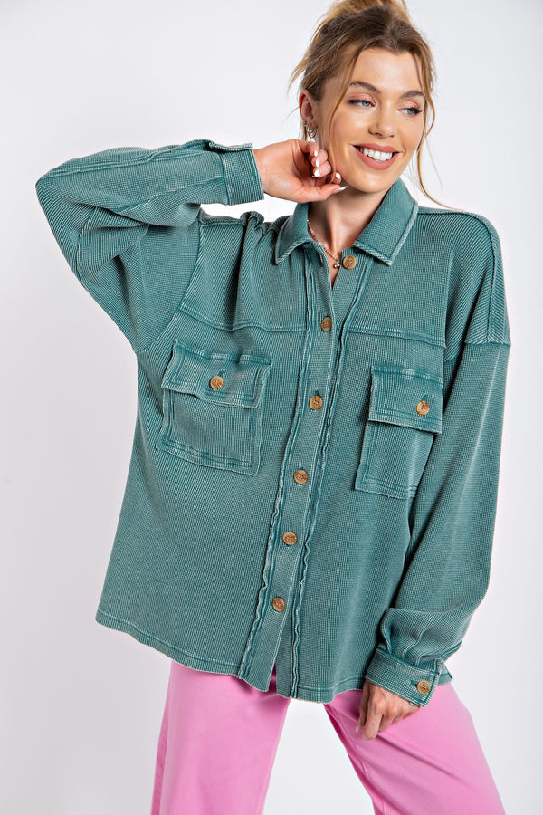 Easel Mineral Washed Thermal Top in Teal Green Shirts & Tops Easel   