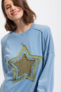 Easel Star Patch Pullover Top in Washed Denim ON ORDER LATE OCTOBER ARRIVAL Shirts & Tops Easel   