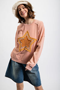 Easel Star Patch Pullover Top in Faded Coral Shirts & Tops Easel   