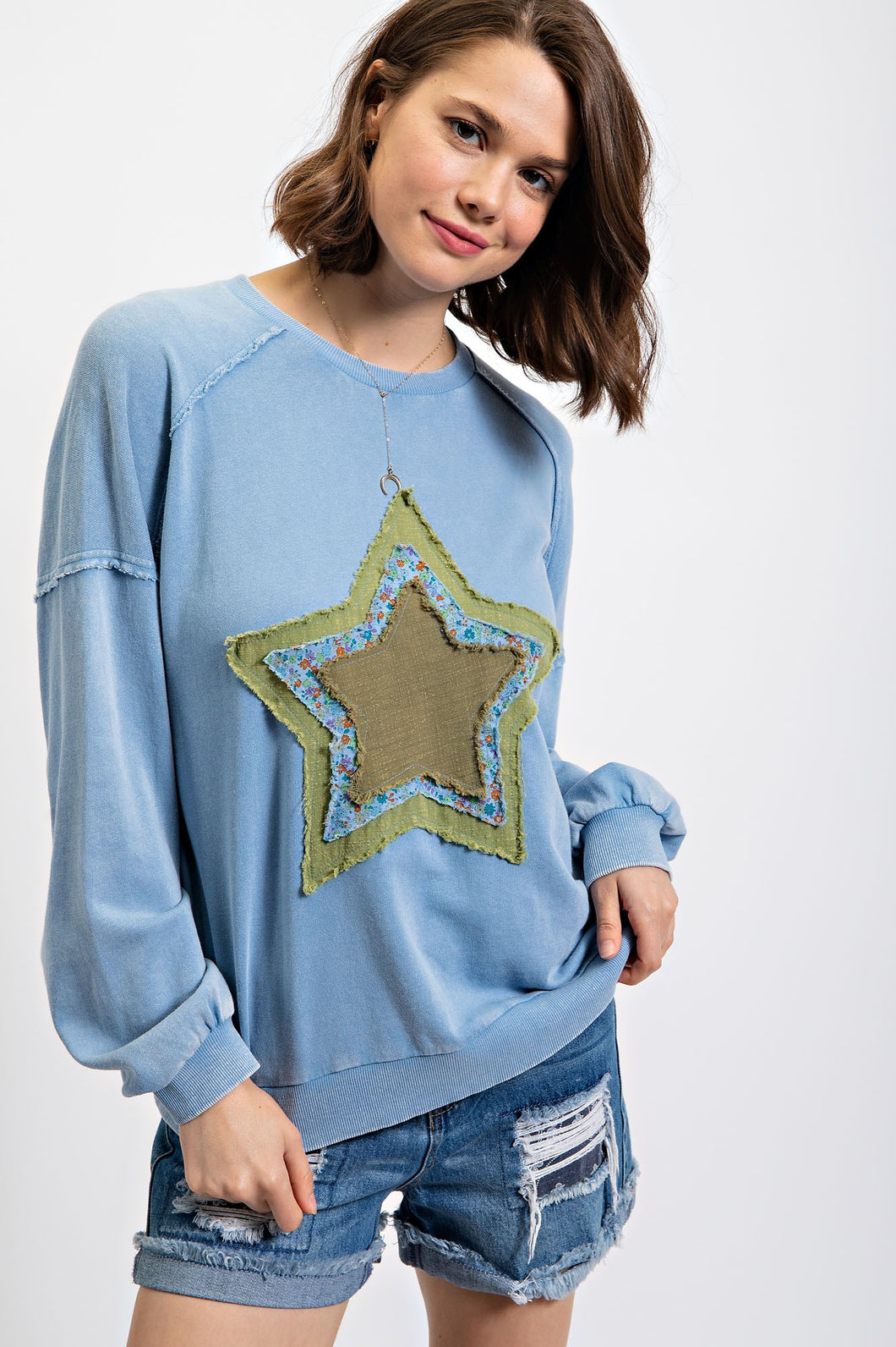 Easel Star Patch Pullover Top in Washed Denim ON ORDER LATE OCTOBER ARRIVAL Shirts & Tops Easel   