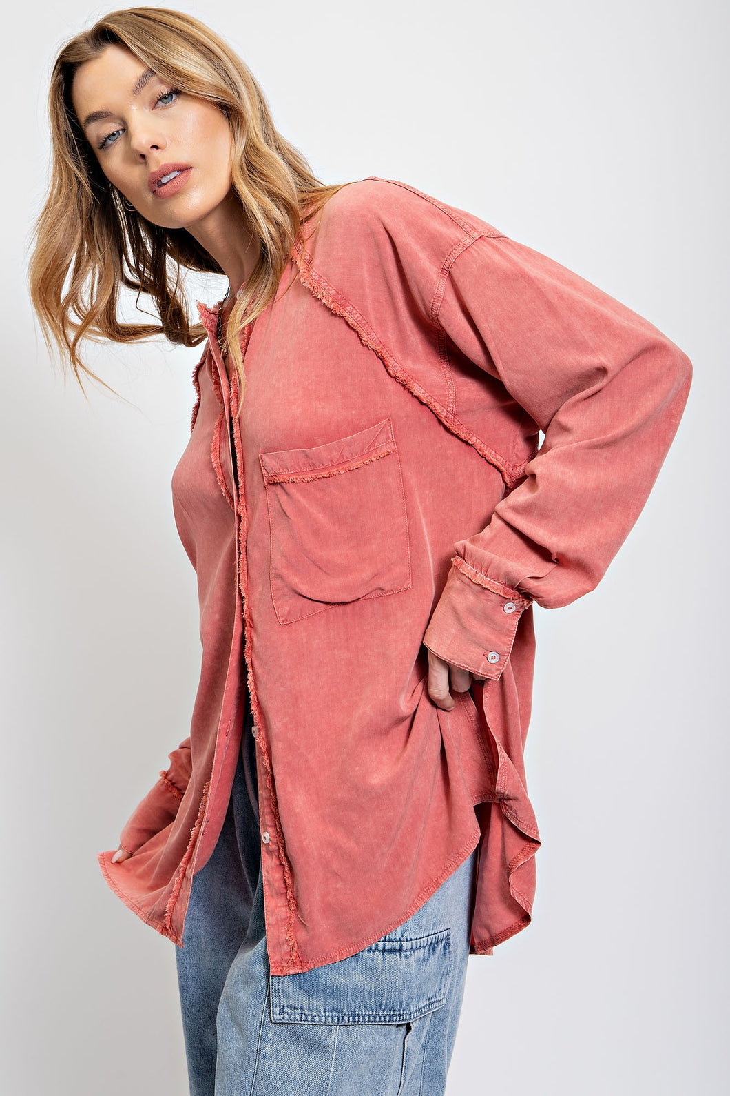 Easel Mineral Washed Tunic Shirt in Strawberry Shirts & Tops Easel   