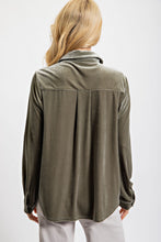 Load image into Gallery viewer, Easel Button Down Velvet Top in Greenish Grey Shirts &amp; Tops Easel   
