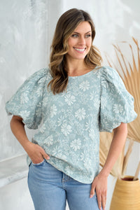 Hailey & Co Textured Floral Print Top in Sage
