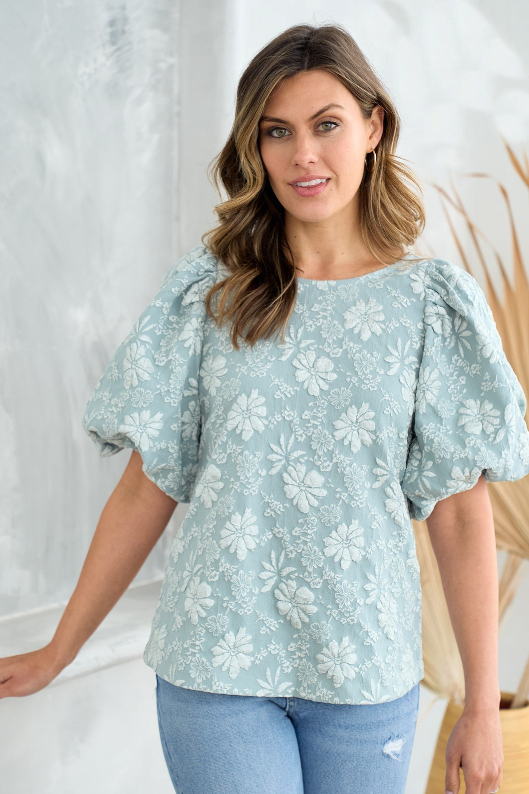 Hailey & Co Textured Floral Print Top in Sage