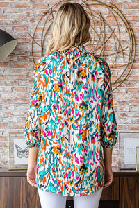 First Love Satin Abstract Print Front Button Down Top in Teal Multi Shirts & Tops First Love   