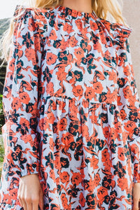 Oddi Floral Print Babydoll Tiered Ruffle Mini Dress in Dusty Blue/Orange Dress Oddi   