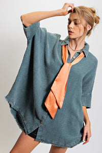 Easel Oversized Cotton Gauze Top in Hunter Green Shirts & Tops Easel   