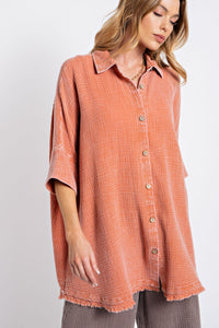 Easel Oversized Cotton Gauze Top in Coral Brick Shirts & Tops Easel   