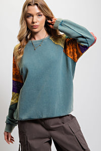 Easel Mixed Print Shoulders Terry Knit Pullover Top in Teal Shirts & Tops Easel   