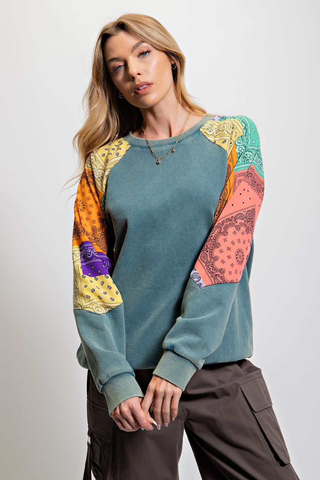 Easel Mixed Print Shoulders Terry Knit Pullover Top in Teal Shirts & Tops Easel   