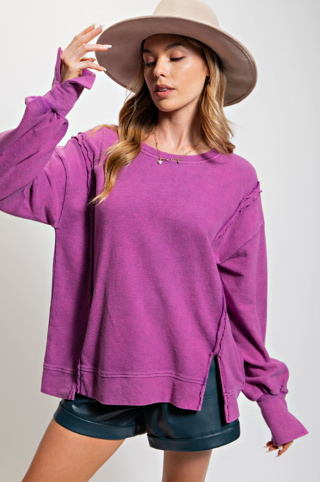 Easel Ribbed Knit Pullover Top in Lilac Rose Shirts & Tops Easel   