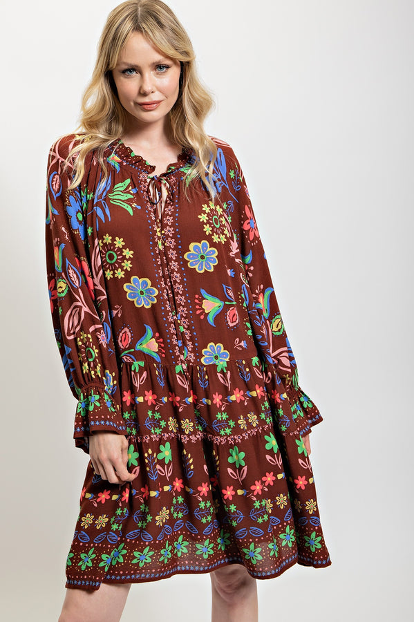 Easel Floral Printed Gauze Dress in Chocolate Dresses Easel   