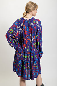 Easel Floral Printed Gauze Dress in Blueberry Dresses Easel   