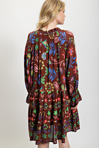 Easel Floral Printed Gauze Dress in Chocolate Dresses Easel   