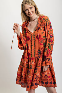 Easel Floral Printed Gauze Dress in Brick Dresses Easel   