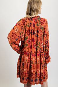 Easel Floral Printed Gauze Dress in Brick Dresses Easel   