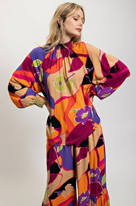 Easel Multi Color Printed Challis Top in Plum Orange Shirts & Tops Easel   