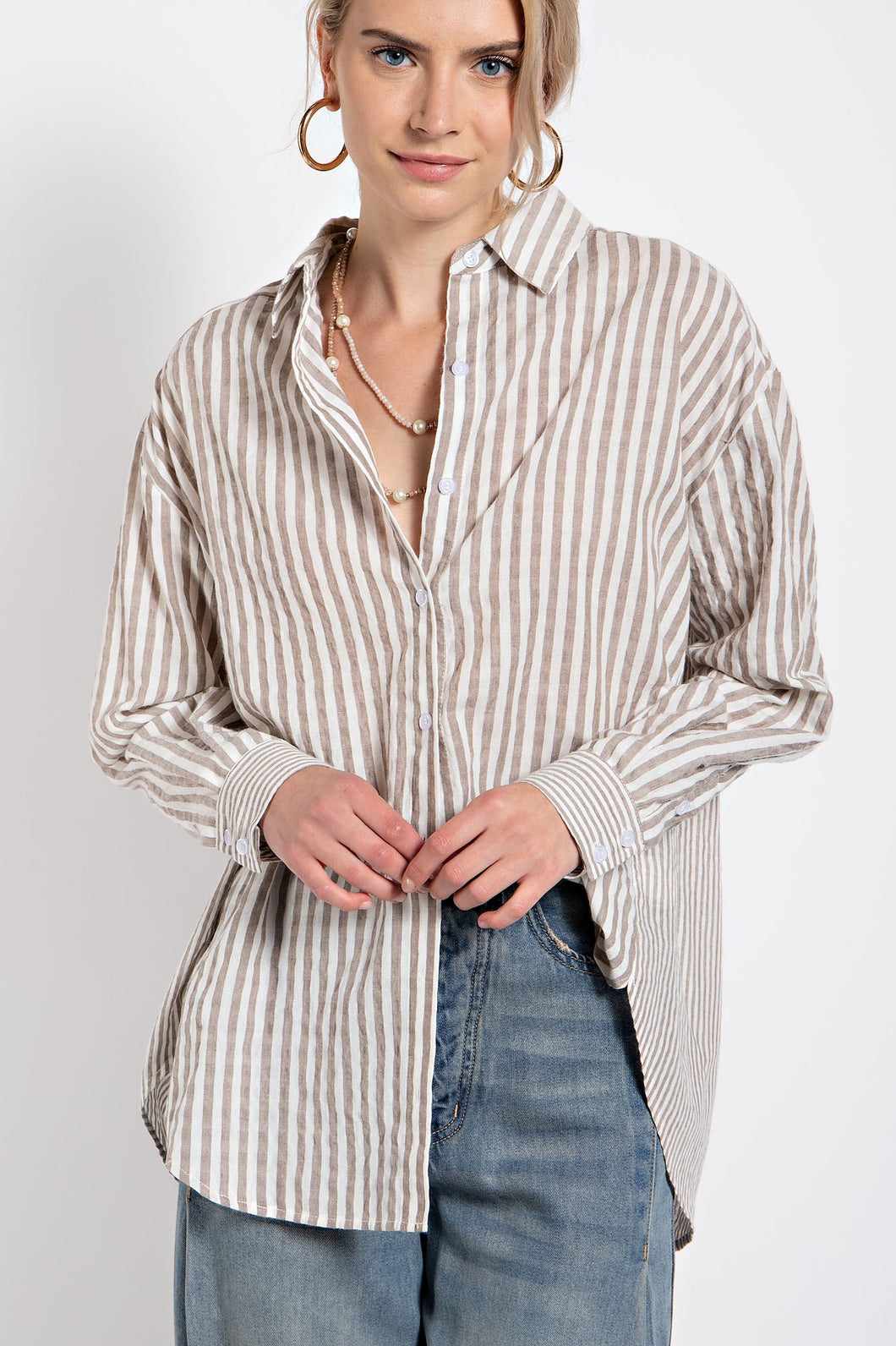 Easel Mixed Stripes Button Down Oversized Shirt in Mushroom Shirts & Tops Easel   