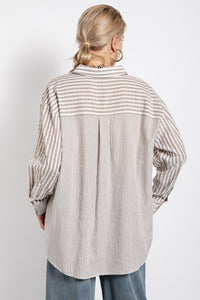 Easel Mixed Stripes Button Down Oversized Shirt in Mushroom Shirts & Tops Easel   