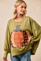 BiBi OVERSIZED Plaid Pumpkin Patch French Terry Top in Olive