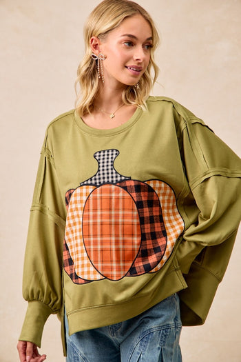 BiBi OVERSIZED Plaid Pumpkin Patch French Terry Top in Olive