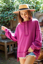 Load image into Gallery viewer, Peach Love Contrast Henley Sweatshirt Top in Magenta Shirts &amp; Tops Peach Love California   
