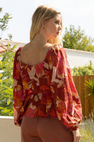 Oddi Square Ruched Neck Peplum Top in Brick Multi Shirts & Tops Oddi   