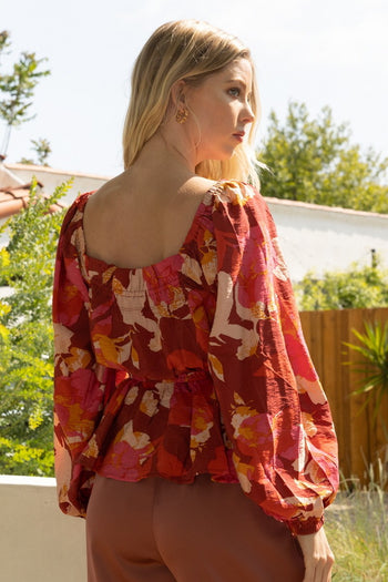 Oddi Square Ruched Neck Peplum Top in Brick Multi Shirts & Tops Oddi   