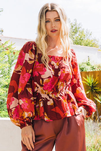 Oddi Square Ruched Neck Peplum Top in Brick Multi Shirts & Tops Oddi   