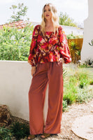 Oddi Square Ruched Neck Peplum Top in Brick Multi Shirts & Tops Oddi   