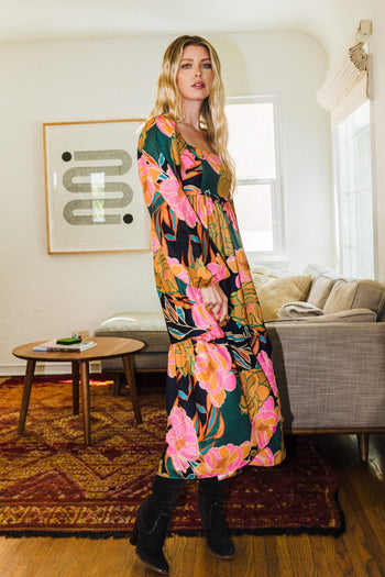 Oddi Floral Print Babydoll Long Sleeve Midi Dress in Black Combo Dress Oddi   