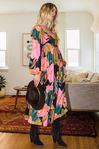 Oddi Floral Print Babydoll Long Sleeve Midi Dress in Black Combo Dress Oddi   