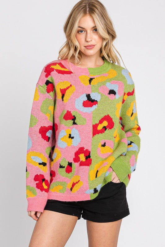 Sewn+Seen Animal Print Sweater in Pink/Green Shirts & Tops Sewn+Seen   