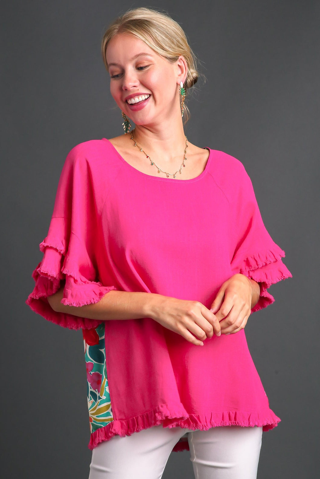 Umgee Linen Top with Mixed Print Back in Fuchsia Top Umgee   