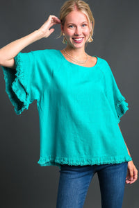 Umgee Linen Top with Mixed Print Back in Jade Shirts & Tops Umgee   