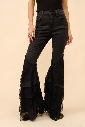 Blue B Denim Jeans with Tiered Lace Flare Legs in Black