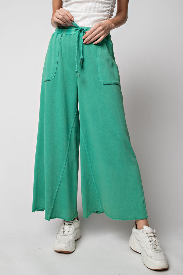Easel Washed Terry Knit Wide Leg Pants in Evergreen Pants Easel   