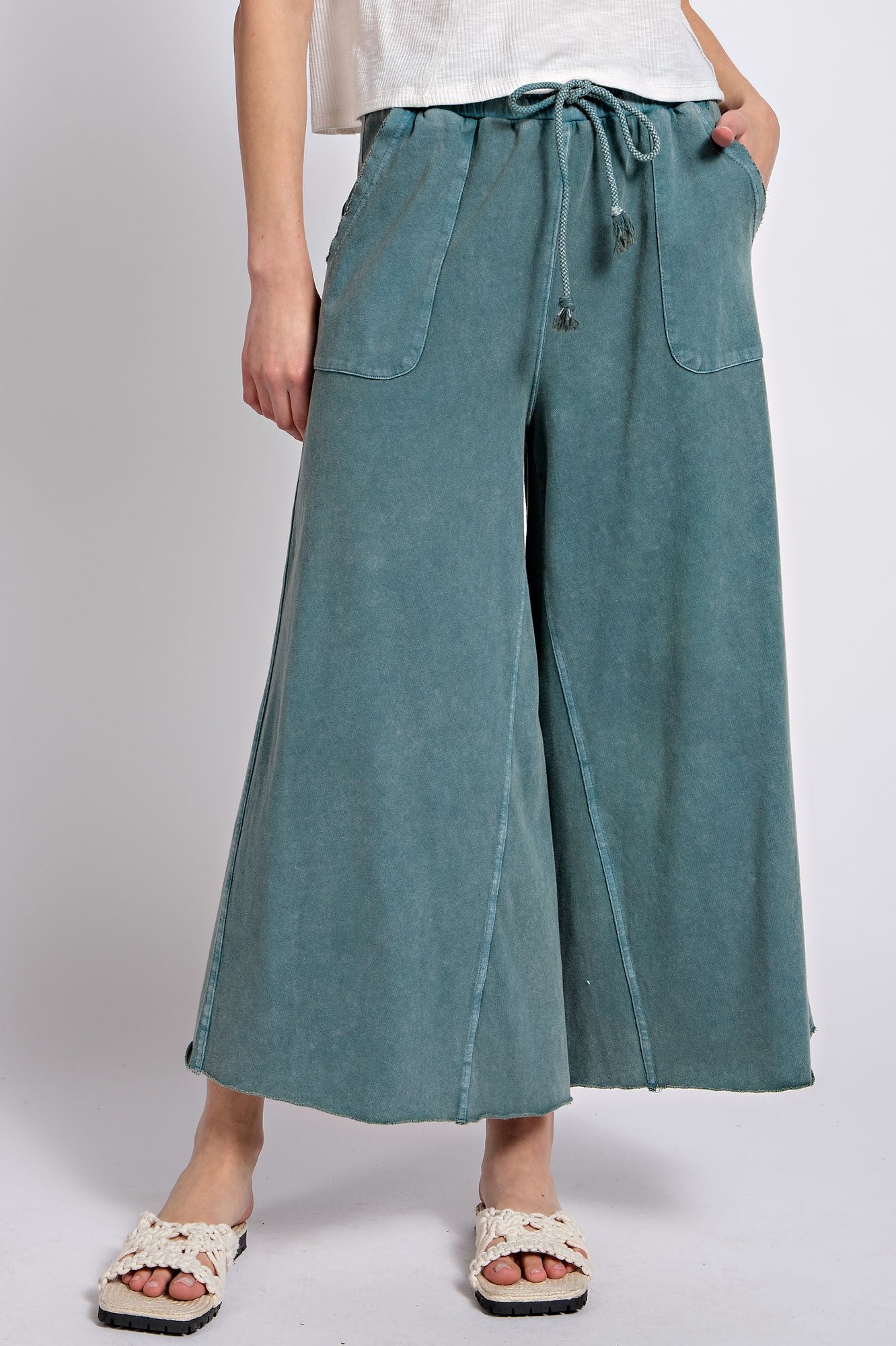 Easel Washed Terry Knit Wide Leg Pants in Teal Green ON ORDER – June Adel