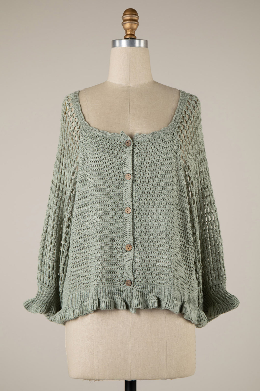 Miracle Crochet Button Down Lightweight Sweater Top in Sage  Miracle   